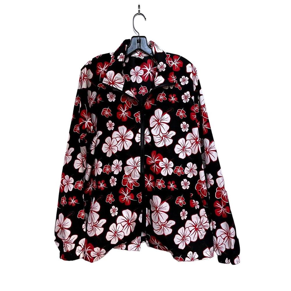 Vintage Hamakua Hawaiian Floral Print Jacket Mens L Full Zip Red Black